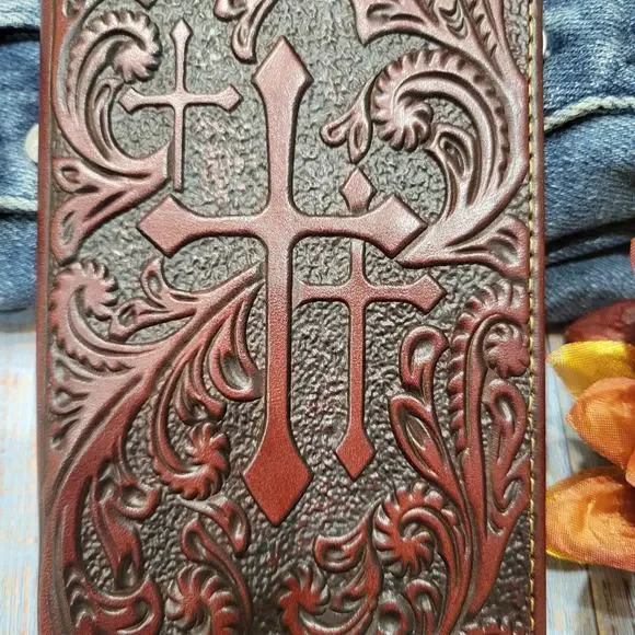 Cross Western Wallet Rodeo Cowboy Religious Real Leather bifold Brown Wa… - Picture 7 of 10